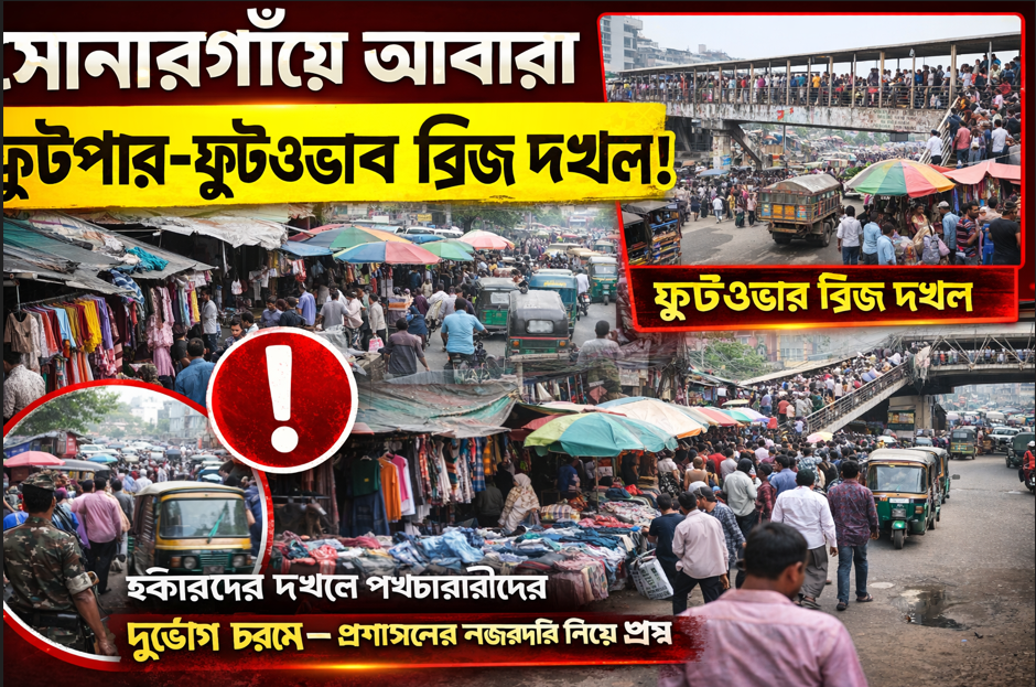 সোনারগাঁয়ে আবারো ফুটপাত-ফুটওভার ব্রিজ দখল, চরম ভোগান্তিতে পথচারীরা